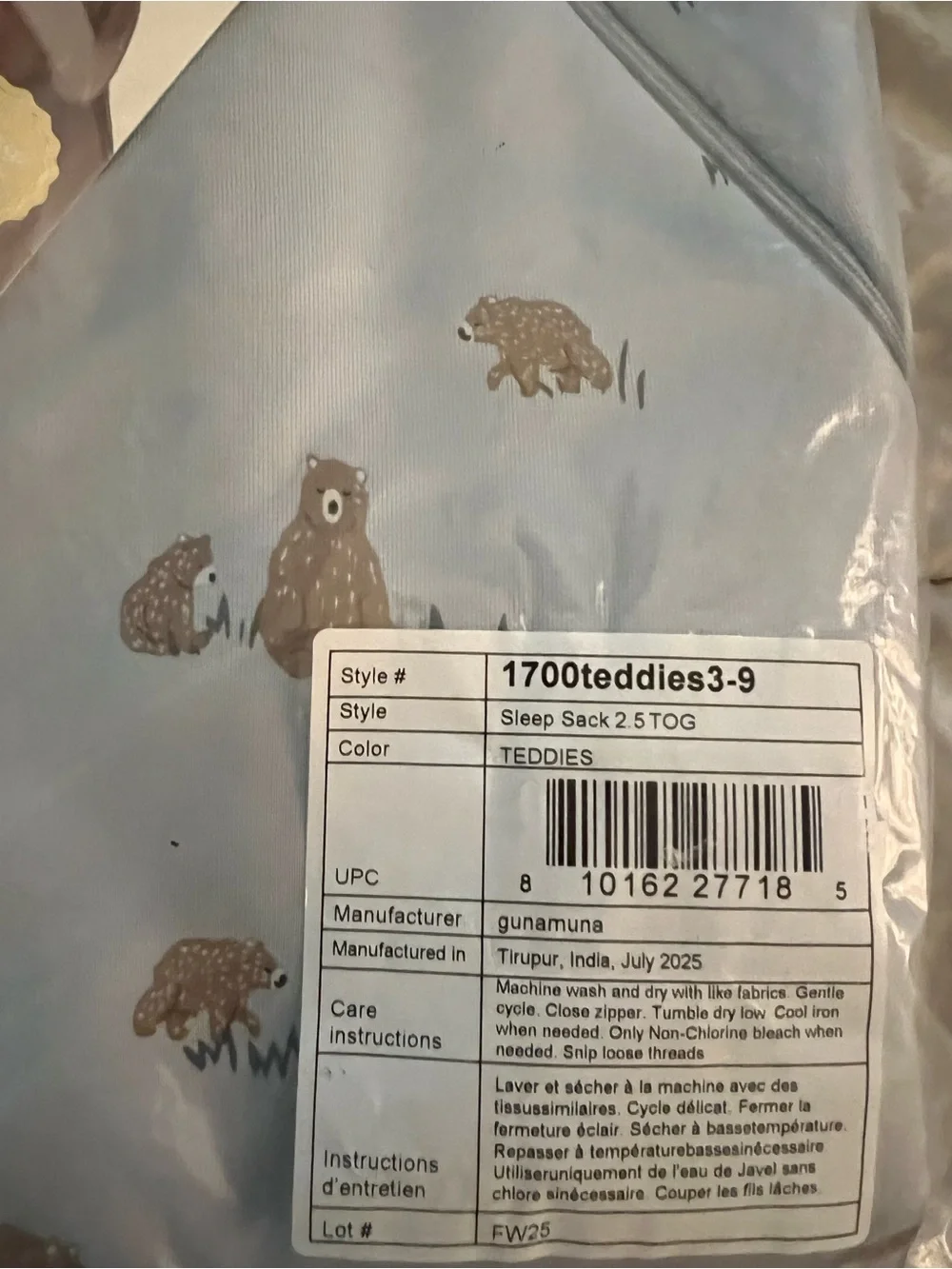 BNWT GUNAMUNA Sleep sack baby boy, Teddy bears, sleeveless, 3-9 mos, Retail: $75